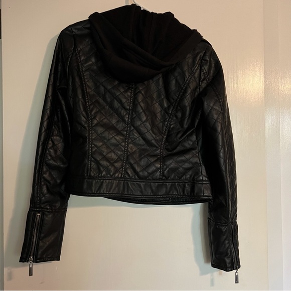 NEW Black Faux Leather Motorcycle Hoodie BikerJacket - Picture 3 of 6